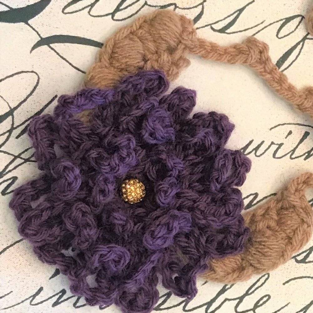 Hand Crocheted  Floral Pendant Necklace in Beige and Plum Wool and Acrylic Yarn